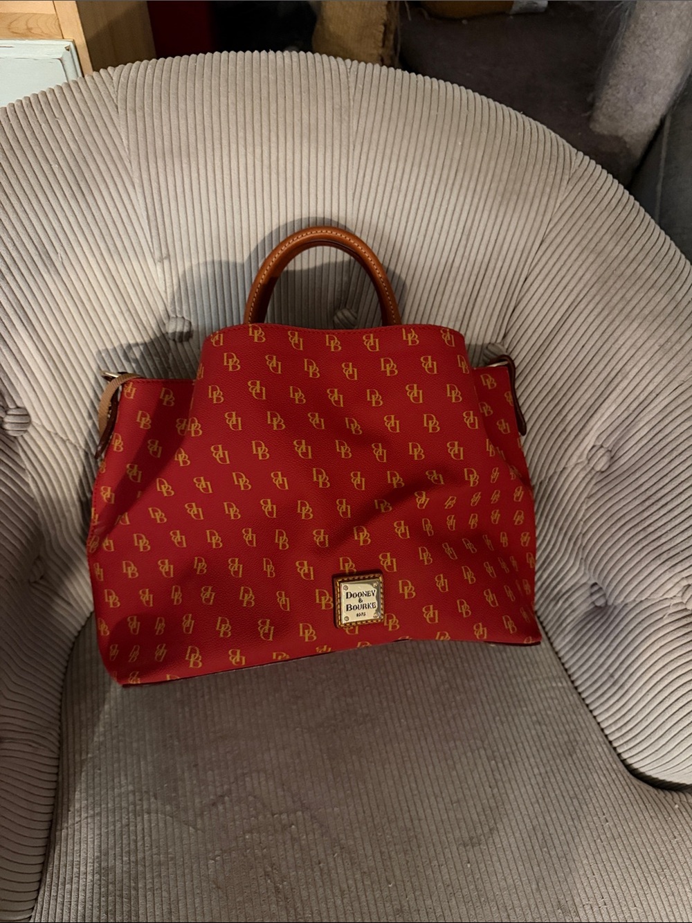 Dooney & Bourke Red Satchel with Tan Handles and Gold Plaque